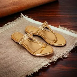 Women's T-Strap Stylish Moti Flat Golden Sandal