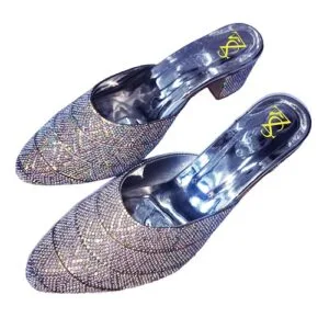 Women's Block Heels Silver Diamond Studded Mule Wedding Sandal