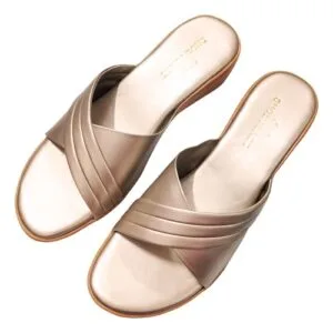 Metallic Finish Crisscross Pattern Slide Sandals - Comfortable Slip-On Open Toe Flats - Elegant Sandals