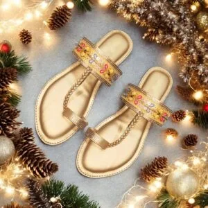Women's Traditional Embroidered Ethnic Slip-On Sandals with Braided Strap and Toe Loop - Gold/Festive and Casual